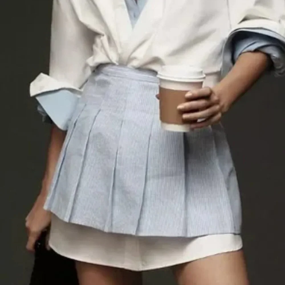 Anthropologie Sunday in Brooklyn Sport Rework White+Blue Layered Pleated Skirt - Picture 7 of 7
